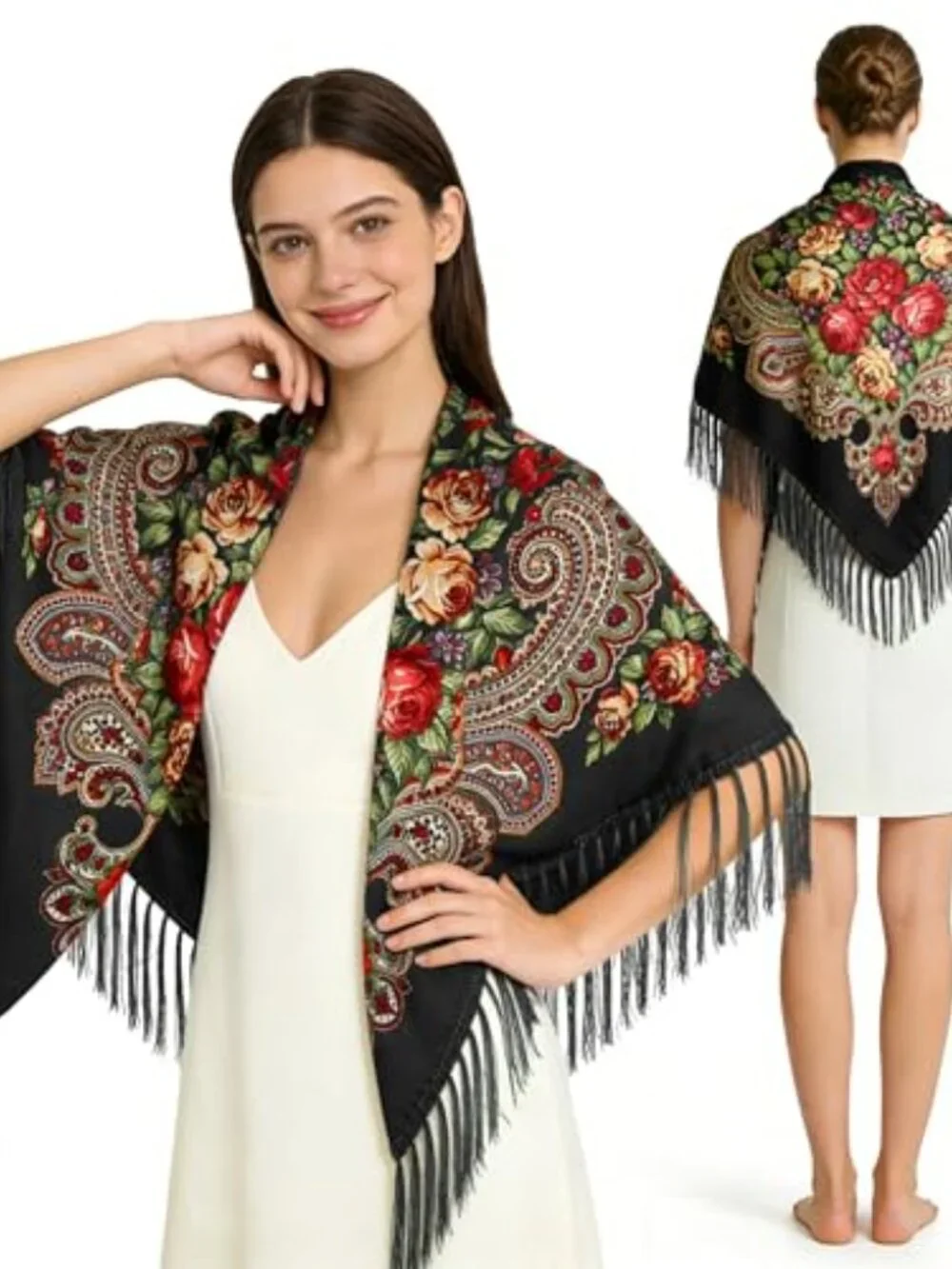 Russian Style Scarf Wrap Shawl with Tassels, Cotton Polyester, Lightweight,